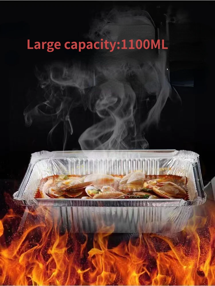 Description Picture 4 of item1100ML Rectangular Foil Tray With Clear/Cardboard Lid, Large capacity Disposable Food Containers,BBQ Thickened Bowl Takeaway
