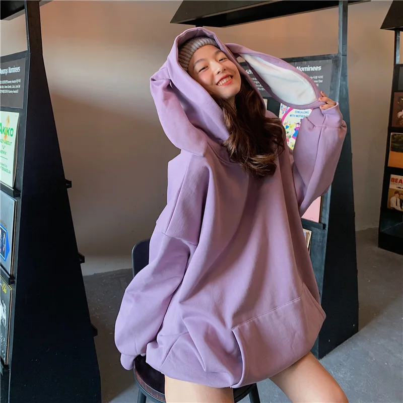 

Cute Girl Rabbit Ears Hoodies Women Kawaii Solid Colors Mid Length Spring Autumn Pullovers Cottagecore 2023 New Indie Sweatshirt