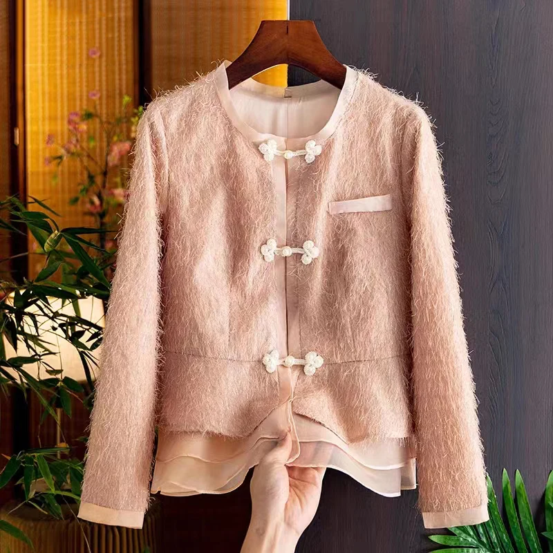 

Высококачественная однобортная Женская куртка в китайском стиле с круглым вырезом, осенняя облегающая замшевая Лоскутная Верхняя одежда с оборками и длинным рукавом