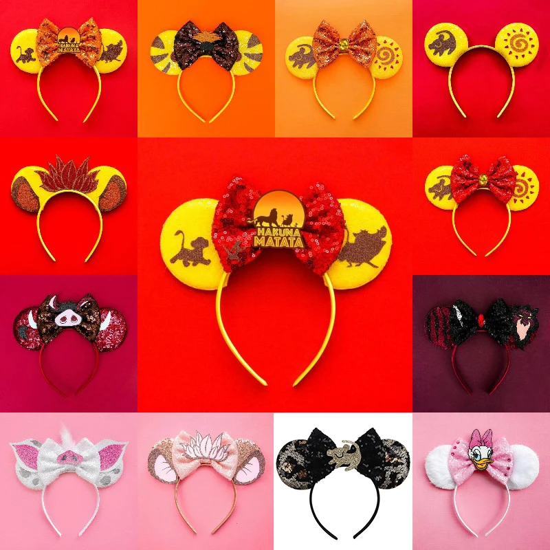 The Lion King Ears Headbands Girls Cartoon Mufasa Simba Hairbands Kids Disney Pumbaa Hair Accessories Women Sequins Bow Headwear
