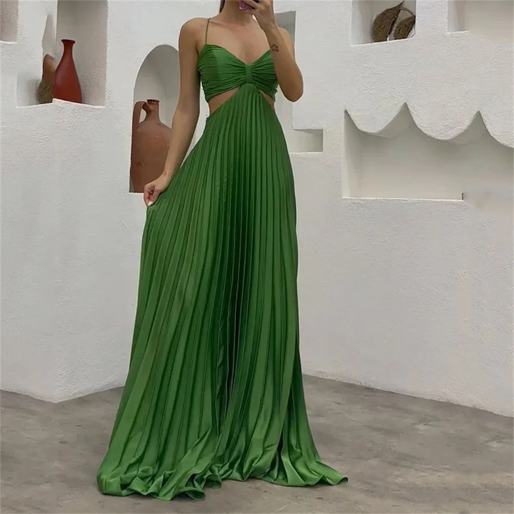 

2023 New in Green Women Party Dress Sexy V-Neck Backless Cut-out Sleeveless Pleated Sling Dress Fashion Evening Cocktail Dresses