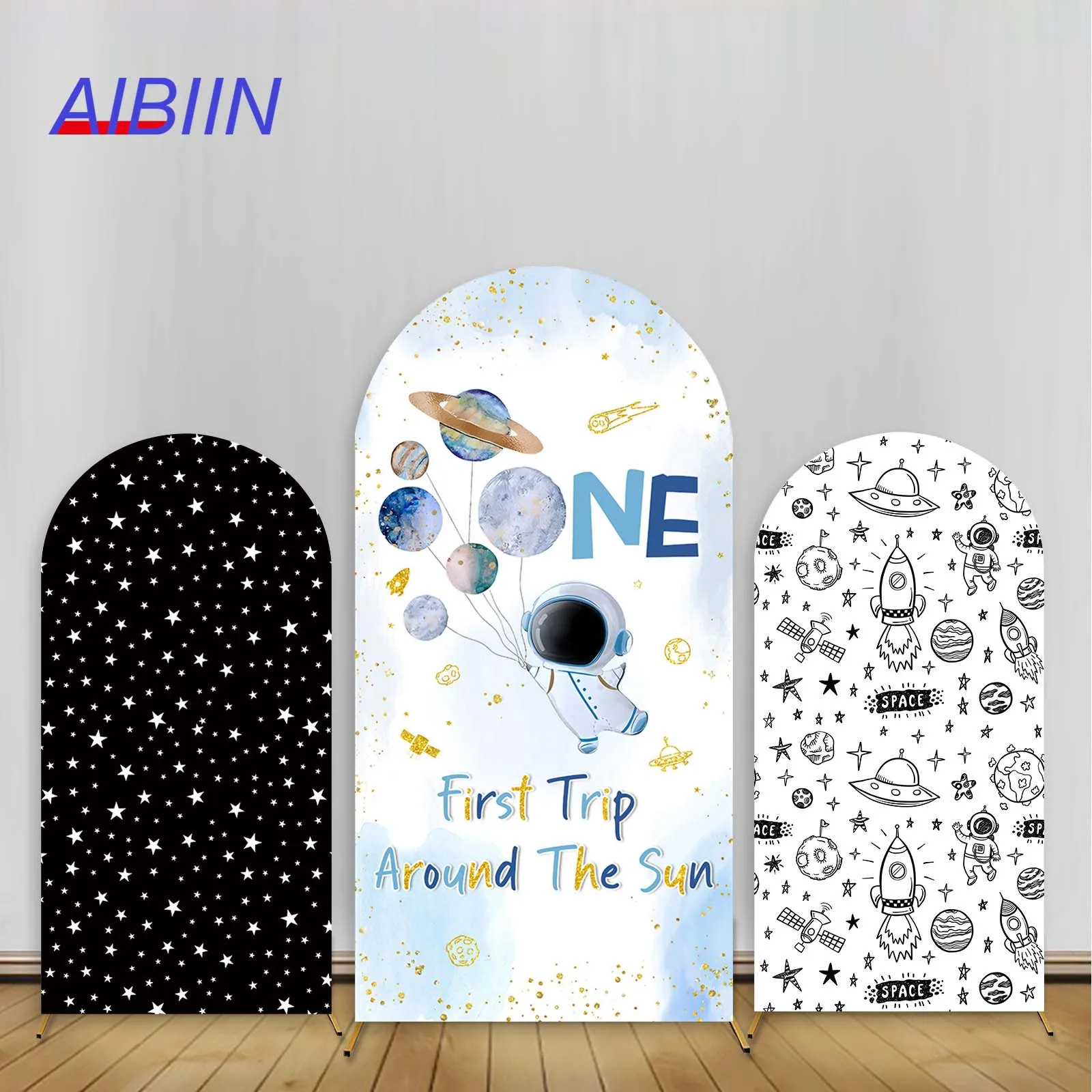 First Trip Around The Sun Arch Backdrop Cover Astronaut Planets Star Space Universe Happy 1 Year Boy Birthday Party Decoration