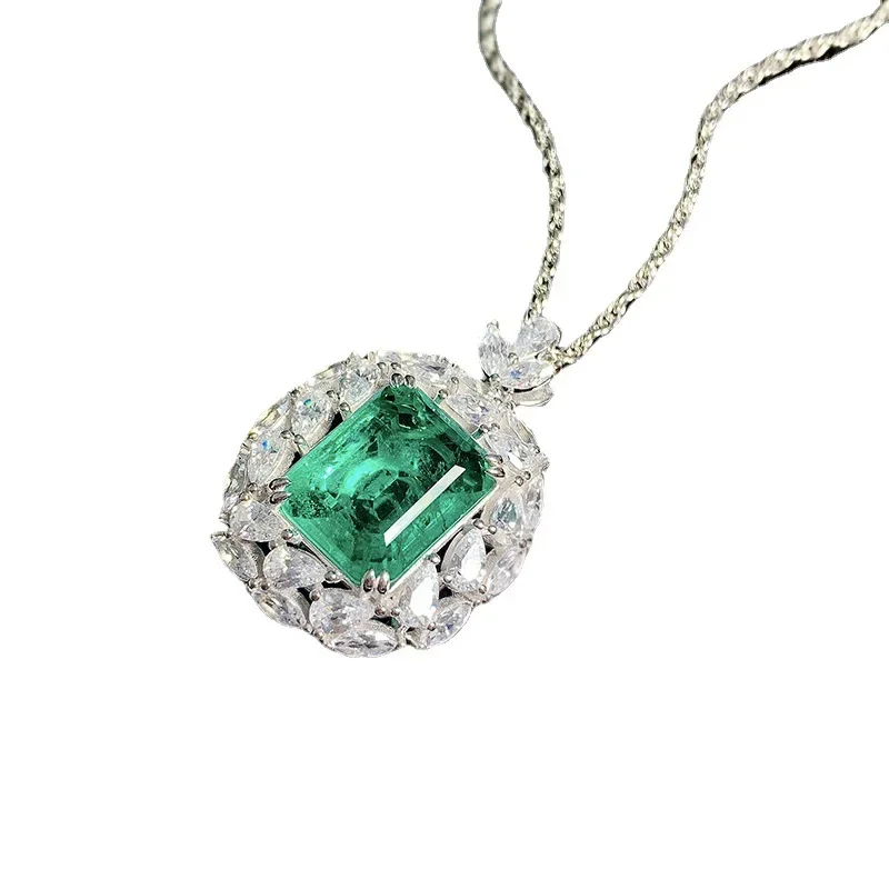 

Spring Qiaoer 925 Sterling Silver 12*15MM Paraiba Tourmaline Simulated Moissanite Diamond Pendant Necklace Fine Jewelry
