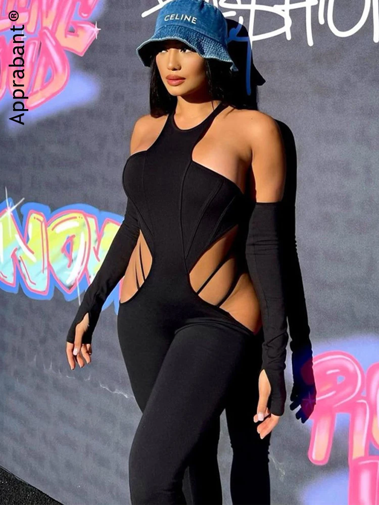 

Apprabant Perspective Hollow Black Bodysuit For Woman Back Zipper Sleeve Jumpsuit Banquet Club Hot Girl Sexy One Piece Women