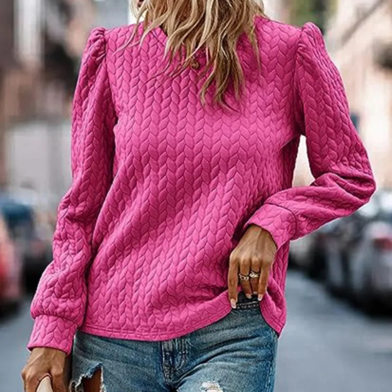 Autumn and Winter Women's Pullover Round Neck Bubble Loose Solid Fried Dough Twists Backing Shirt FashionLong Sleeve Sweater