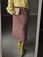 High Waisted Sequin Maxi Skirt Women Elegant Shiny Straight Skirts With Slit Summer Spring Black Long Sequin Skirt For Women - Image 2