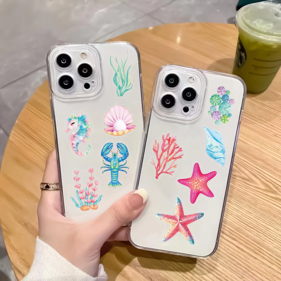 50개 투명 사이키델릭 바다 산호 및 조개 스티커 - 방수 DIY 장 데칼