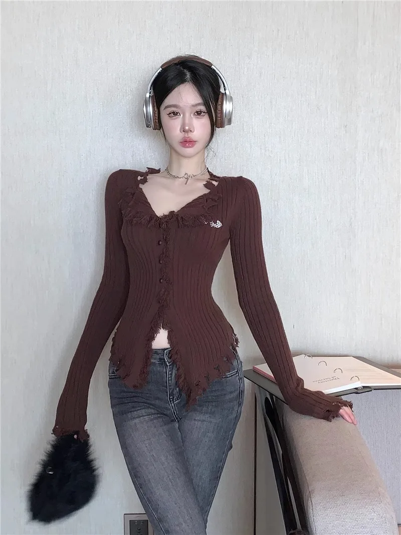 여성 양모 니트 점퍼, 순수 욕망 태슬 브이넥 가디건, 슬림 긴팔 점퍼, 가을 겨울 보터밍 시