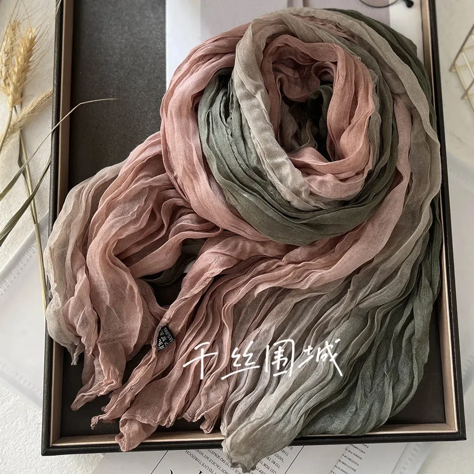 Scarf Cotton Hemp Gradient Printed Women's Long Fold Shawl Autumn/Winter Retro Versatile printed scarf gradient scarf