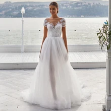 

RANMO Sexy Beach Wedding Dress Without Lining Illusion Bateau Applique A Line Bride Gown Cap Sleeves Buttons Zipper Bride Dress