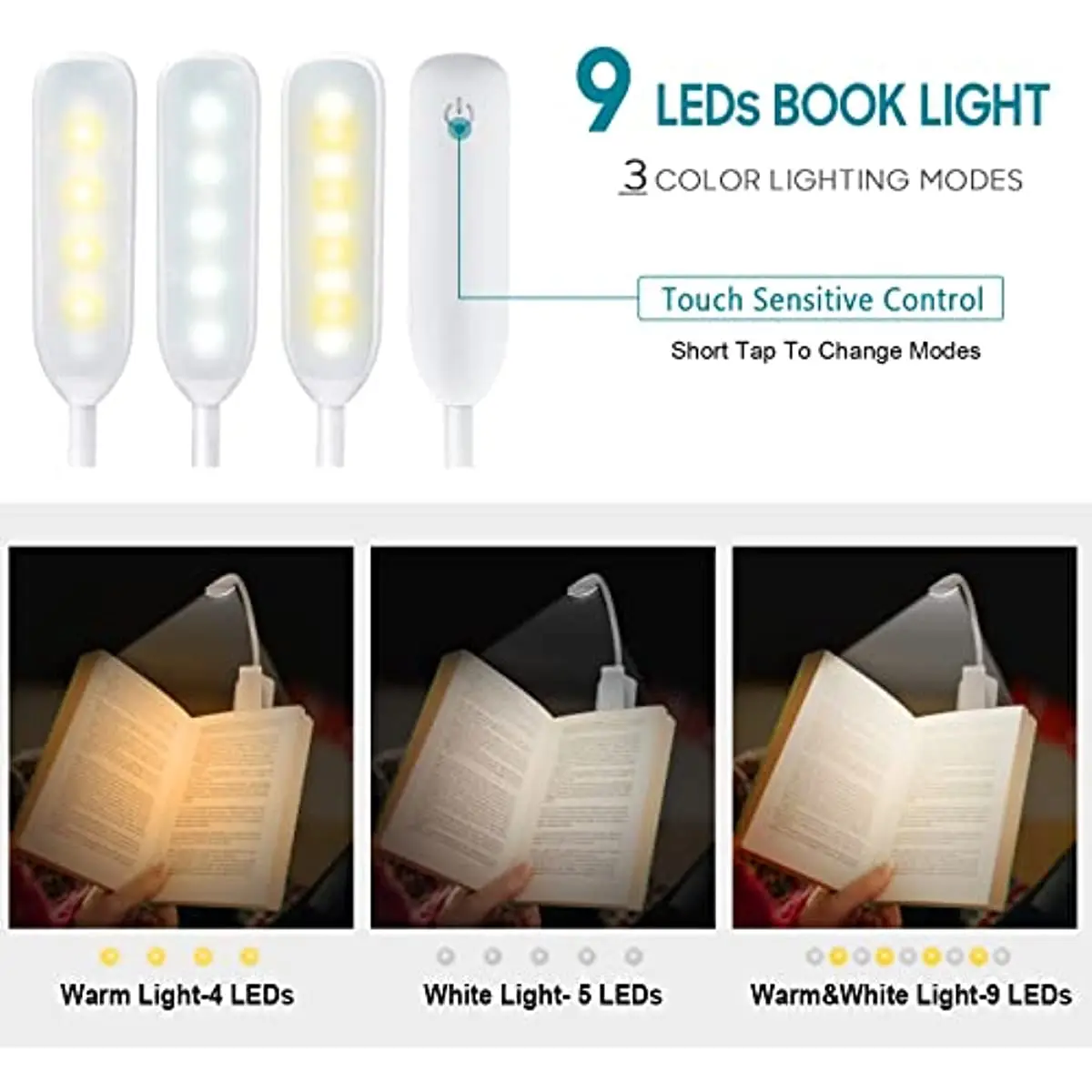 9 LED Book Light USB Rechargeable Clip on Reading Light with Touch Sensor 3 Color Dimming Book Bed Night Reading