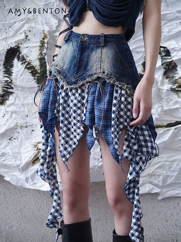 Hot Girl Gothic Irregular Denim Skirt Summer New Harajuku Style High Street Punk High Waist Slimmin Mini Skirt Sweet Y2K Skirt vintage denim shorts women s summer high street hot girl design buckle repped gothic punk high waist jeans pants