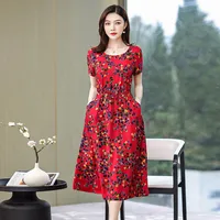 2026 Women’s Casual Summer New Red Print 100% Natural Mulberry Silk Crepe De Chine Round Neck Short Sleeve Straight Tube Dress