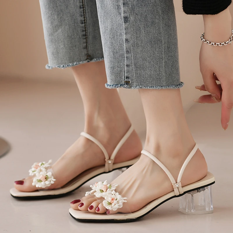 Rimocy Lace Floral Sandals for Women 2022 Summer Fashion Square Toe Beach Slippers Woman Clear High Heeled Shoes Sandalias Mujer