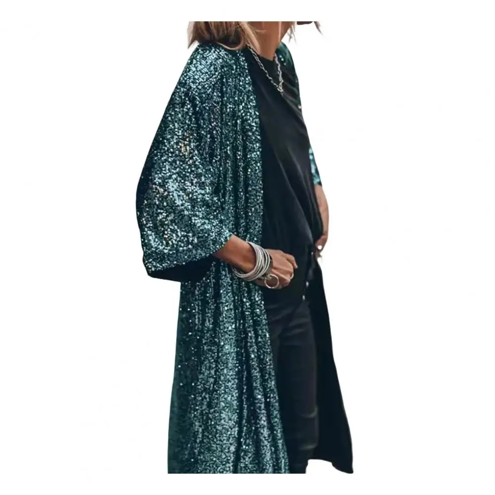 

Classic Cape Jacket Comfy Women Shiny Sequins Mid-length Cape Jacket No Buttons Skin-touch Gown Cape Daily Clothing