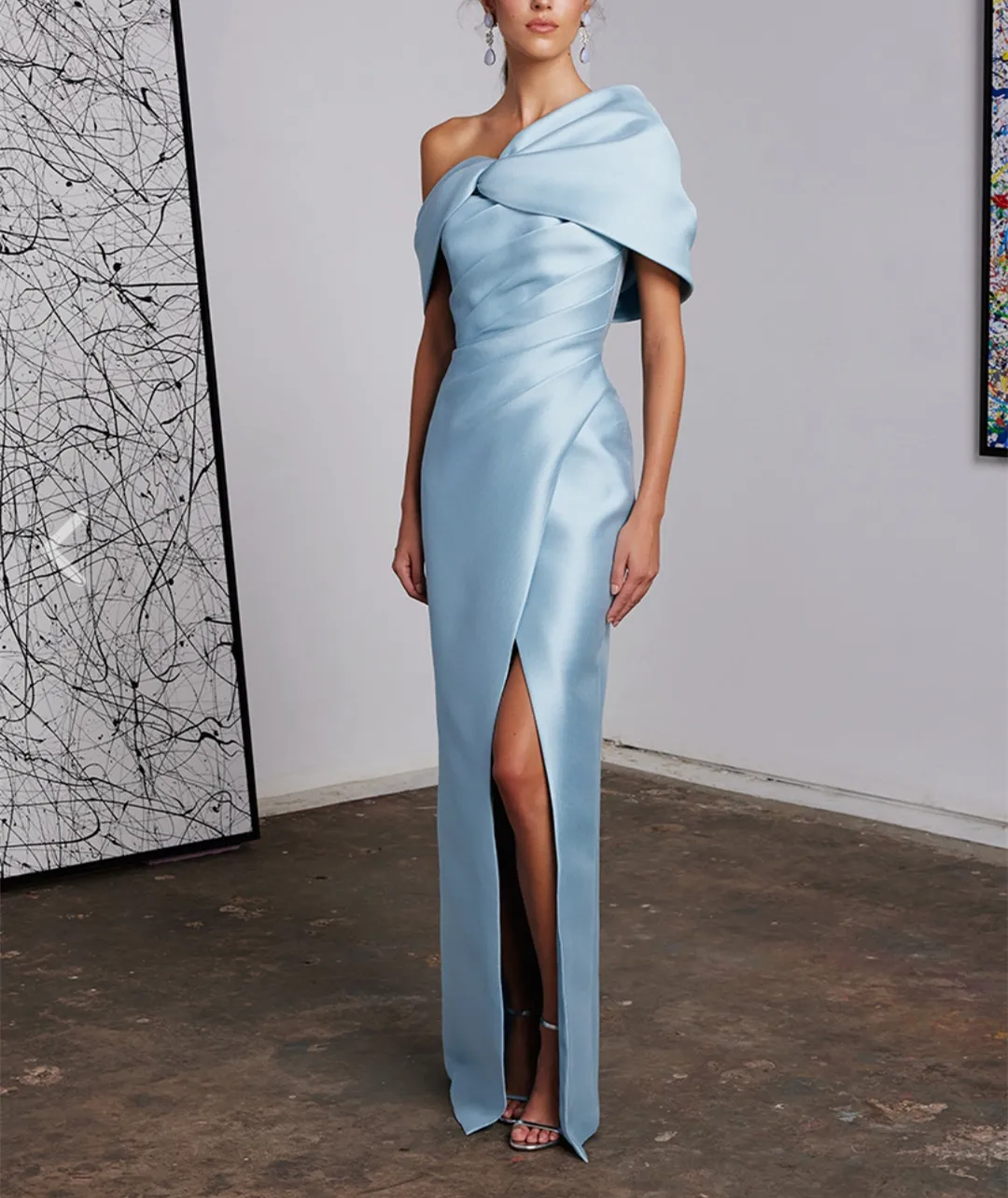 

Elegant Long Light Blue Satin Evening Dresses With Slit Sheath فساتين سهرة Floor Length Pleated Robe de soirée Party Prom Gown