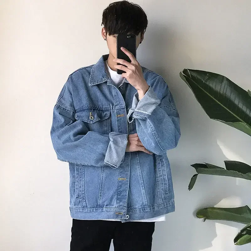 thumbnail image 1 of Abrigo vaquero para hombre, chaqueta vaquera azul de otoño, chaqueta vaquera de manga ancha para hombre, ropa estética popular coreana, prendas de vestir de moda, talla LGS, 1 of 5