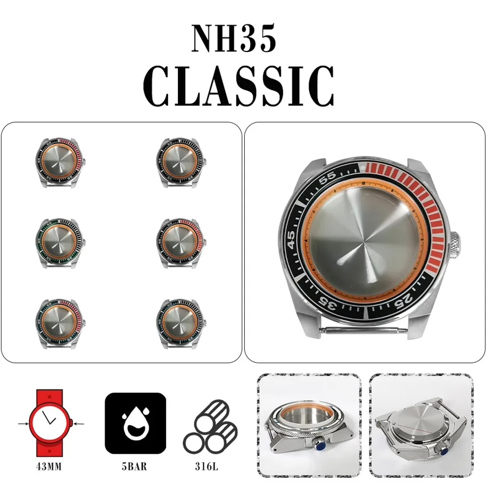 

Modified watch accessories: 43mm stainless steel case, orange inner shadow, sapphire glass, 10ATM, compatible with NH35/36