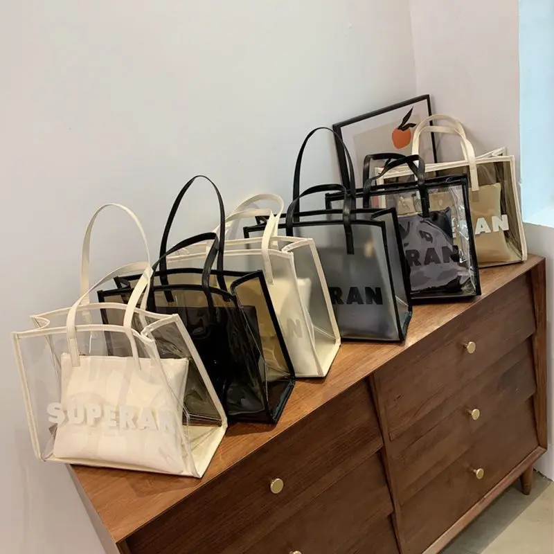 

Женская прозрачная сумка-тоут 2 в 1, водонепроницаемый прозрачный саквояж на плечо из ПВХ с чехлом, вместительная летняя сумочка