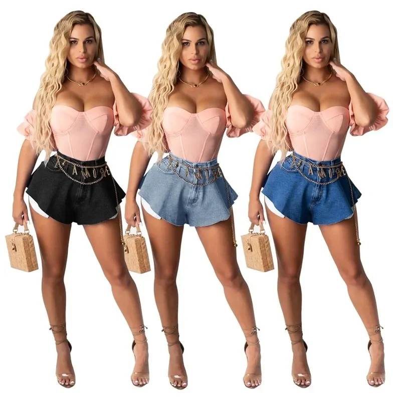 High Waist Denim Patchwork Pocket Woman Clothing Fan-shaped Irregular Sexy Solid Color Loose Mini Denim Shorts Streetwear