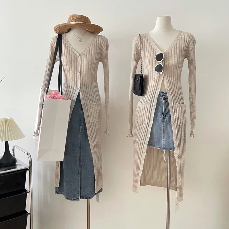 

Long Sleeved Sun-Protection Knitting Cardigan V-neck Long Design Slim Thin Mid Length Cardigan