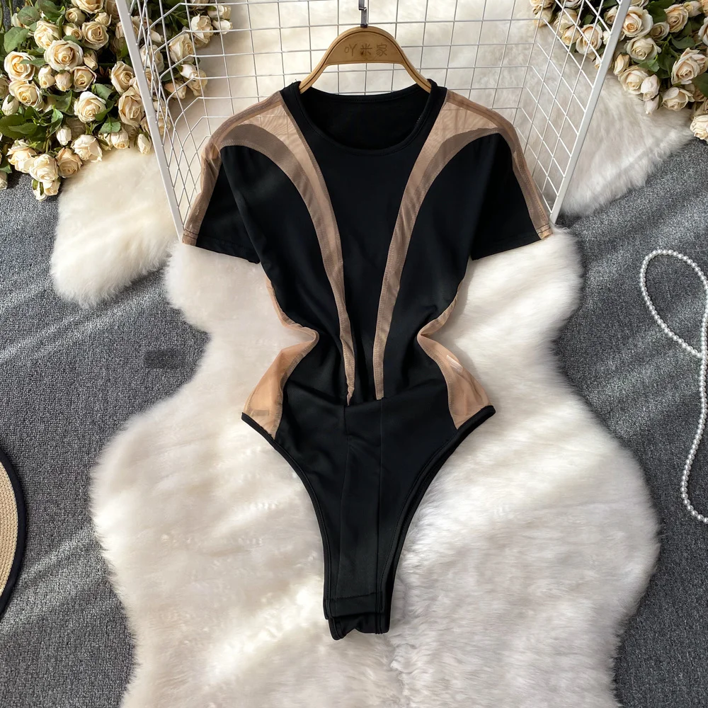 

Elegant See Through Mesh Patchwork Bodysuits Women Fashion Summer O Neck Short Sleeve Slim Stretch Bodycon One Piece Body Top