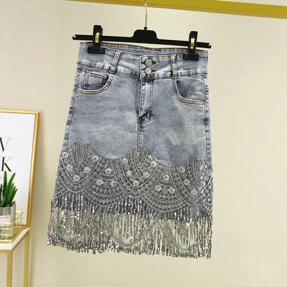 High waist slim tassel Denim skirt women's sequin skirt 2021 summer new elastic slim wrap skirt midskirt sequins set women 2023 casual fashion sexy club tassel dresses women s v neck shiny sequin fringe halter sleeveless skirt set