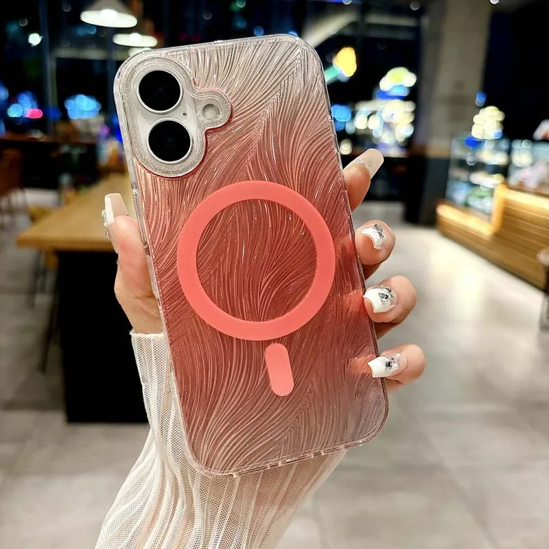Coque de téléphone de luxe à dégradé laser avec plumes et diamants pour iPhone 16 15 14 13 Pro Max 16pro Glitter Magnetic Cover_voghion.com