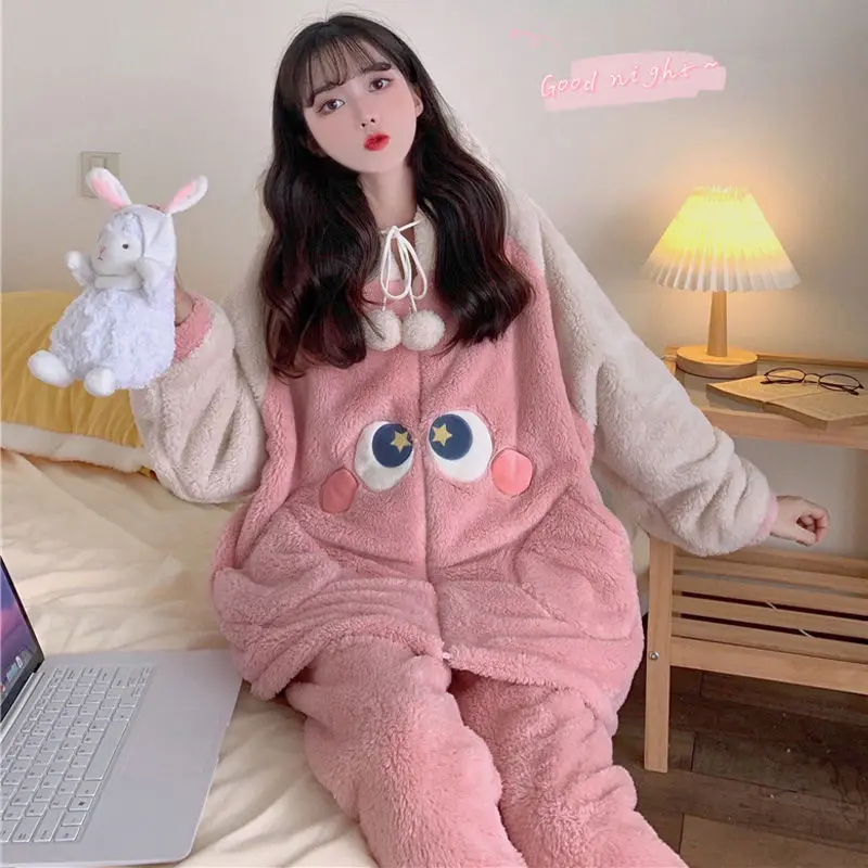 2024 New Design Cute Little Monster Pajamas Women Sleepwear Plush Autumn Winter Home Clothes Thick Coral Wool Ladies Loungewear