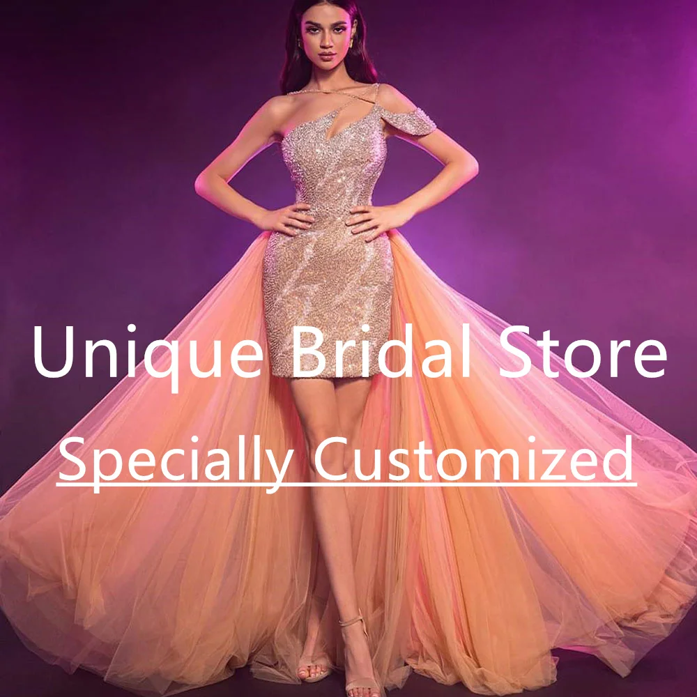 

Женское вечернее платье с одним открытым плечом, короткое платье из тюля без рукавов, с открытой спиной и шлейфом на молнии, 2023