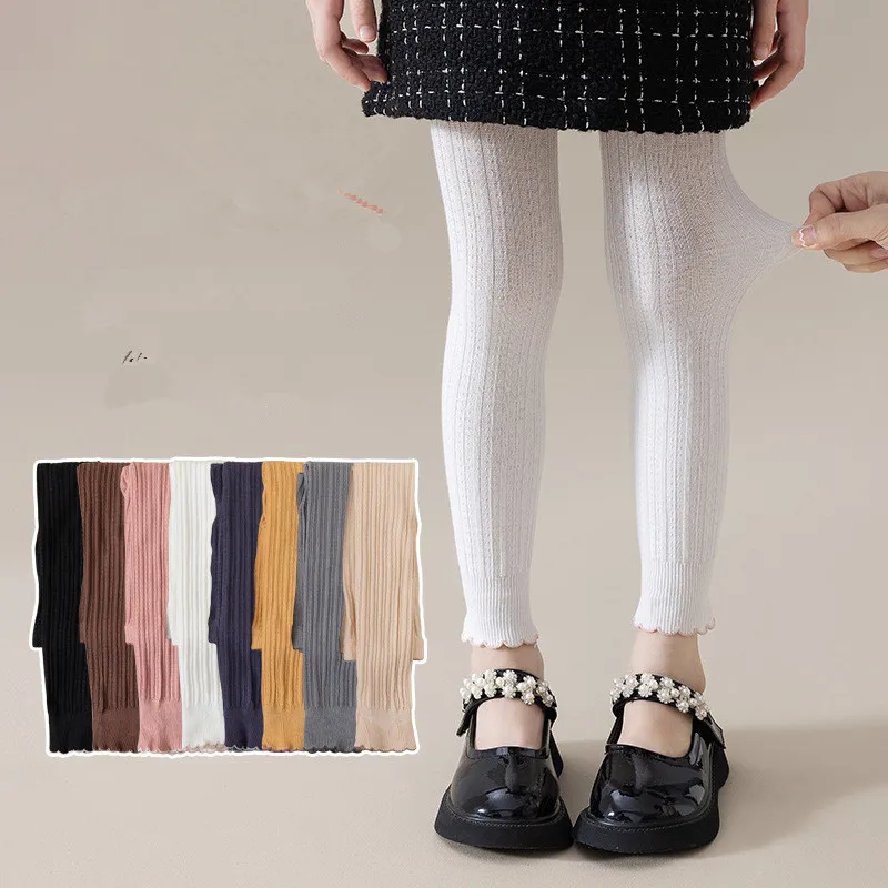 봄 가을 아기 여아용 신축성 있는 타이트 레깅스 면 솔리드 러플 리브드 유아용 바지 0세에서 12세까지