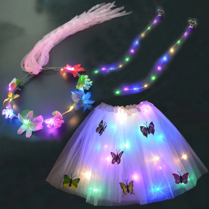 

Girl Women Light Up Party Fairy Costume Set Butterfly Tutu Skirt Ribbon Flower Wreath Headband Hair Clips Birthday Holiday Props