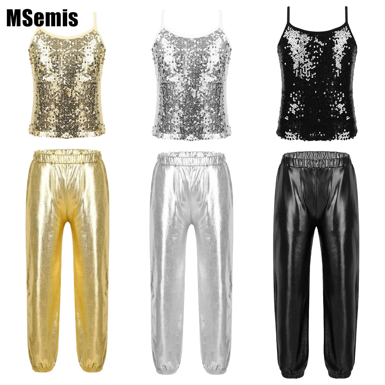 

Kids Girls Shiny Sequins Jazz Dance Sets Camisole Tank Top+Metallic Pants Streetwear Fashion Stage Performance Dancewear Clothes
