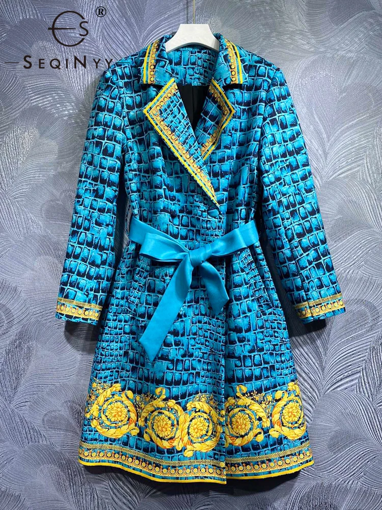 

SEQINYY Blue Long Trench Coat Spring Autumn New Fashion Design Women Runway High Street Vintage Golden Flower Leopard Print Belt