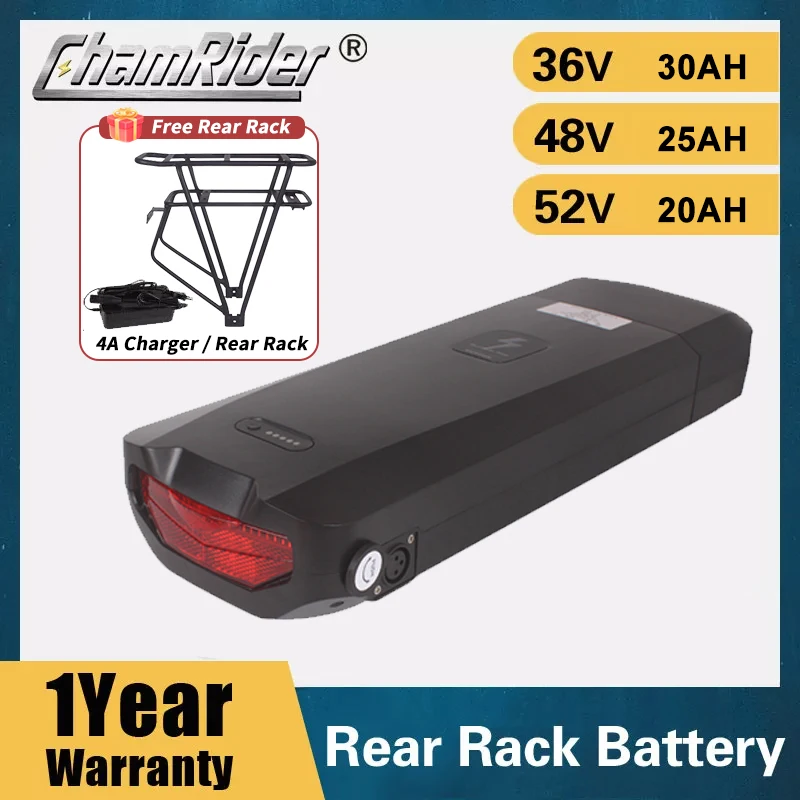

Rear Rack Battery ChamRider 48V 36V Ebike 52V Lithium Free Duty Electric Bicycle Bike BaFang 500W 1000W 20AH 40A BMS 21700 Cells