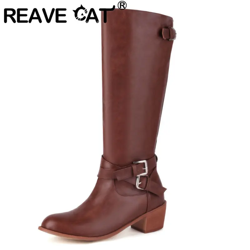 

REAVE CAT Women Knee High Boots Round Toe Block Heels 5cm Zipper Belt Buckles Plus Size 45 46 47 48 Casual Female Knight Booties