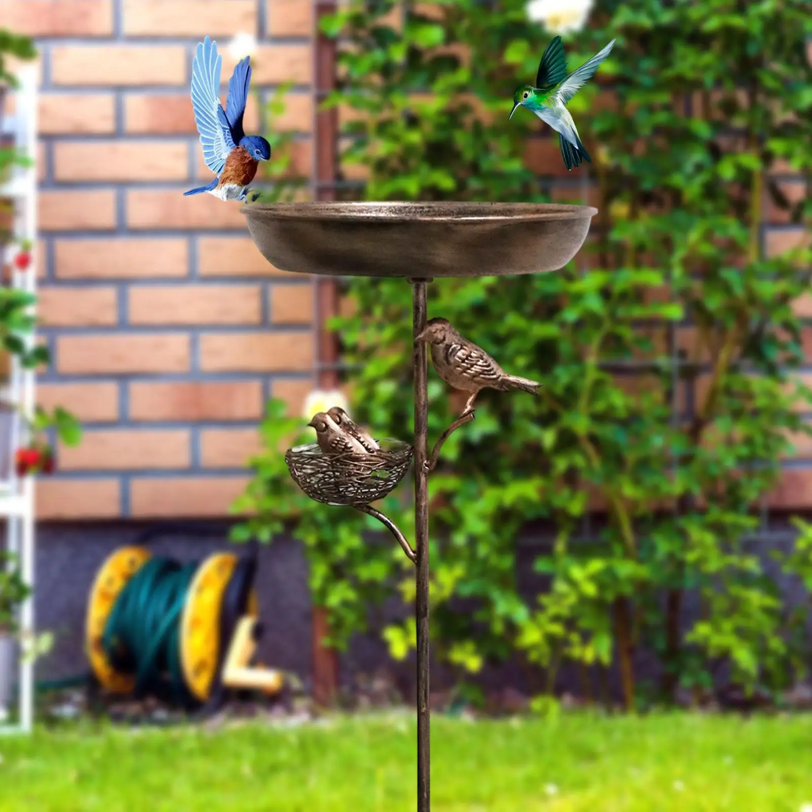 Bird Bath Fountain on Stand Metal Outdoor Feeder Tray for Drinking Feeding Attracting Garden Birds