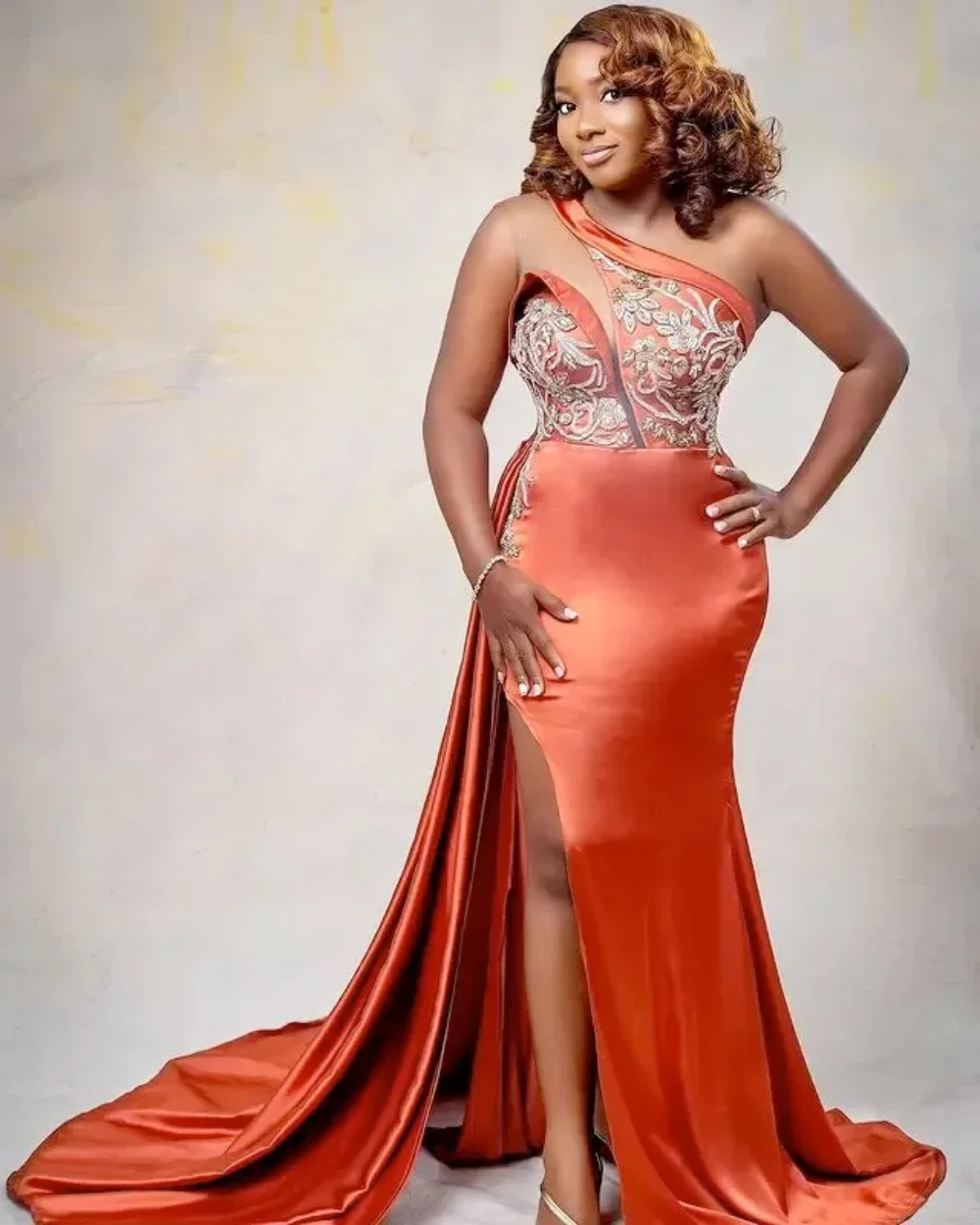 

2024 Plus Size Arabic Aso Ebi Orange One Shoulder Prom Dress Lace Beaded High Split Evening Formal Party Gowns Vestido De Fiesta