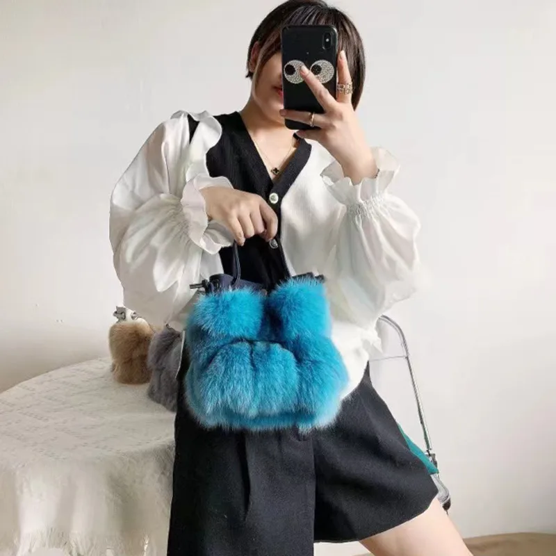 Fox Fur Bucket Bag Drawstring Casual Cross Shoulder Handbag Luxury Single Shoulder Bag Fur Tote Bag Evening Party Clutch Bag