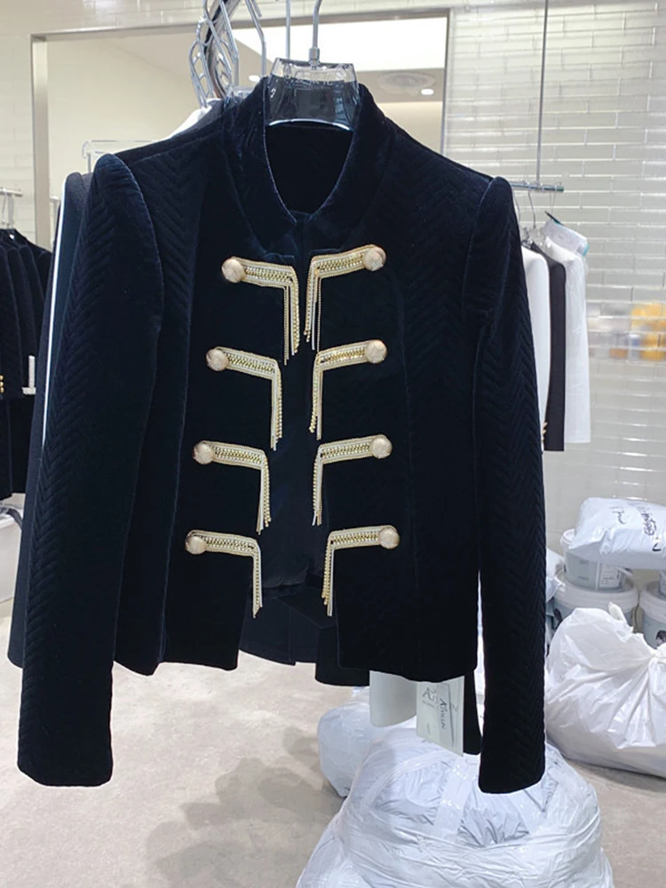 

HIGH STREET Newest 2022 Stylish Designer Jacket Women's Chain Strass Diamonds Beaded Velvet Jacket