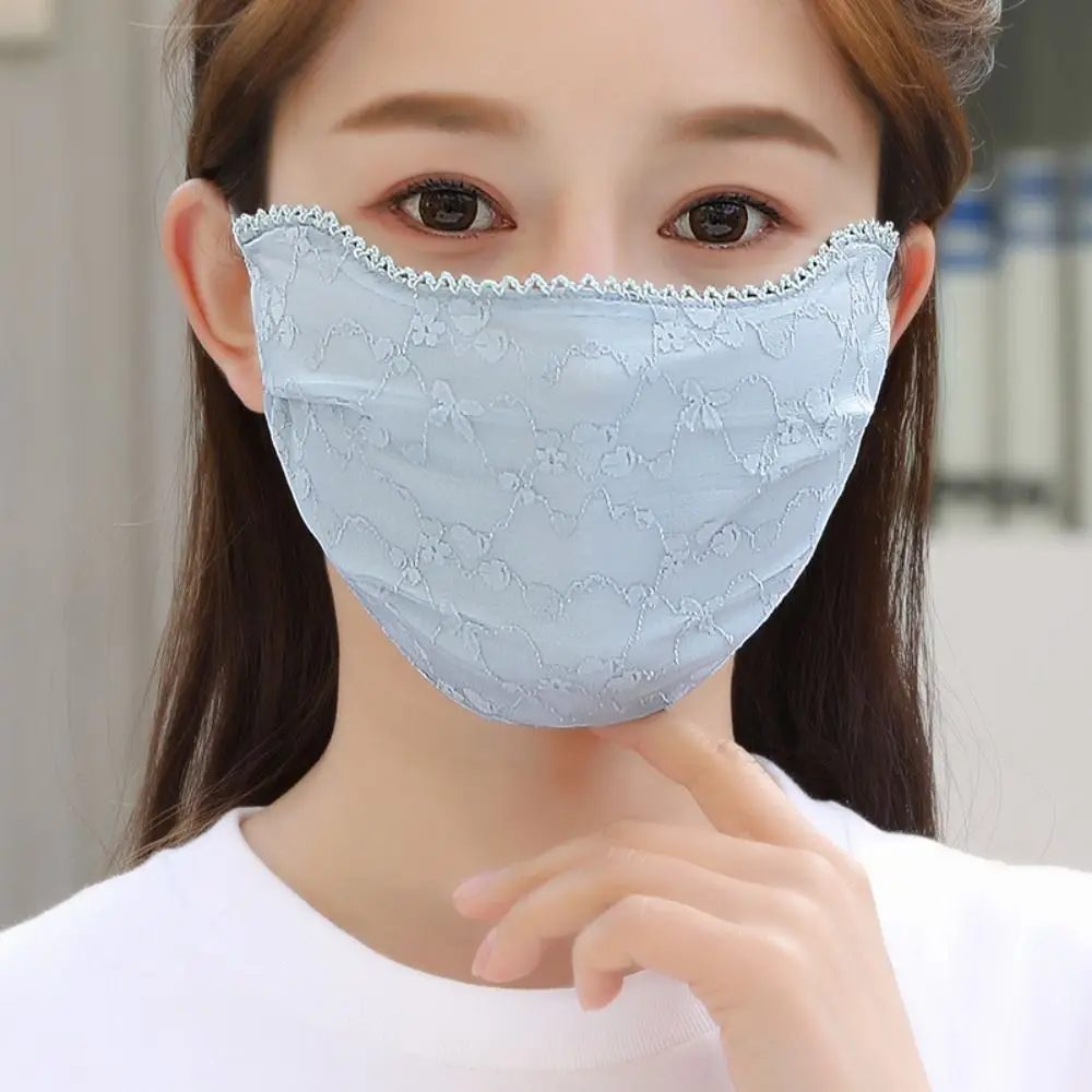 

Solid Color Sunscreen Lace Mask Hanging Ear Sunshade Sunscreen Face Cover Adjustable Strap Flower UV Protection Mask Women