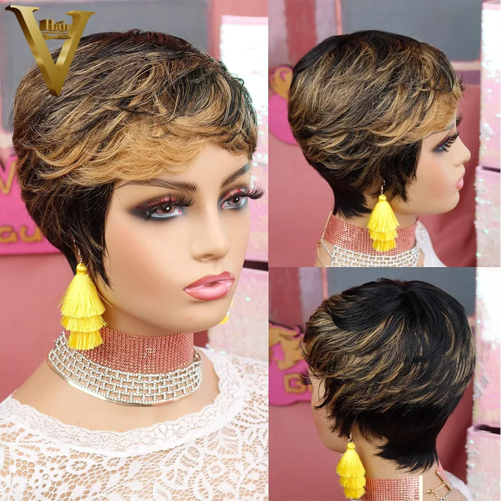 

Короткие парики фея, полная машинная работа, парики для женщин, смешанные цвета, предварительно выщипанные парики, бразильские натуральные человеческие волосы Remy, парики с челкой