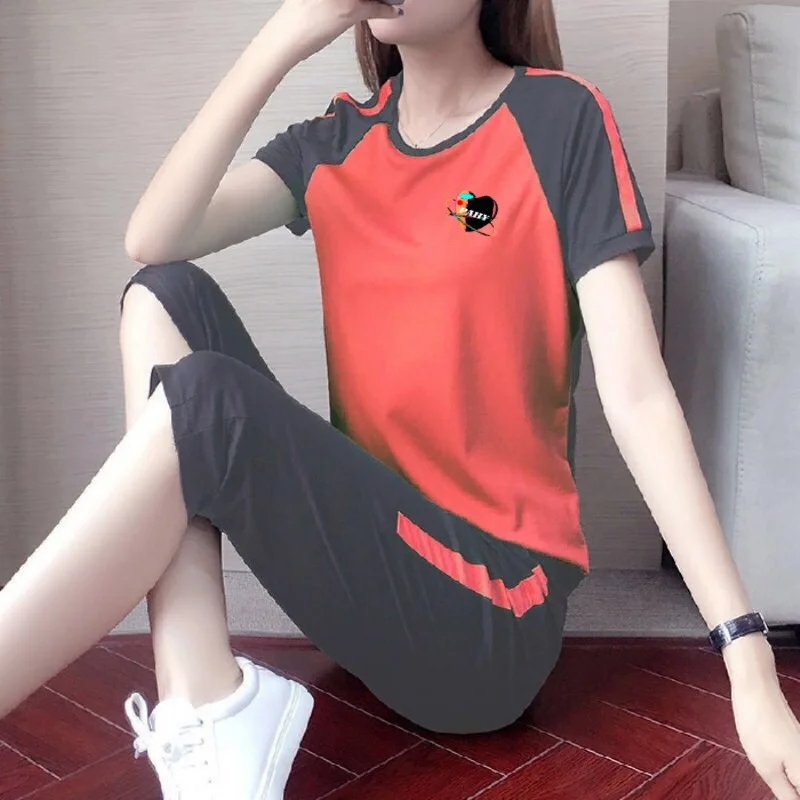 Women Summer Casual Sports Suit Loose Short-Sleeved Cropped Pants Plus Size Running Suit Two-Piece Set