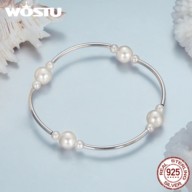 WOSTU 925 Sterling Silver Double Pearl pendant Necklaces Drop Earrings Pearl Opening Ring Bracelet Wedding Set Mother's Day Gift 6