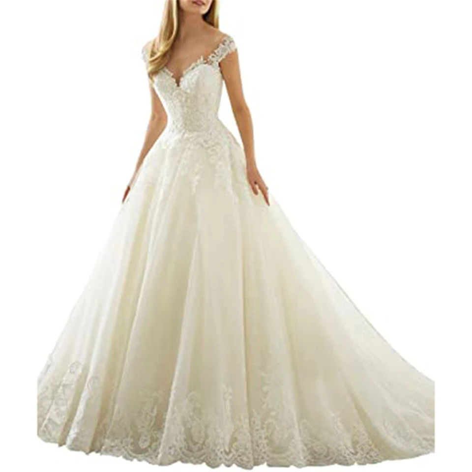 Elegante Brautkleider mit Herzausschnitt, Applikationen, Spaghettiträgern, Tüll und Spitze für Damen 2026, mit Schleppe, Brautballkleider – Detail 3