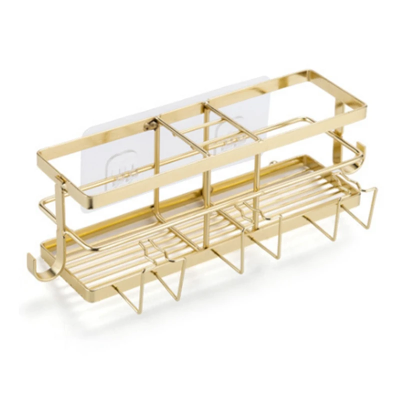 

HOT SALE Golden Toothbrush Holder With Hook Free Punching Bathroom Shelf Bathroom Storage Rack Shampoo Storage Holder