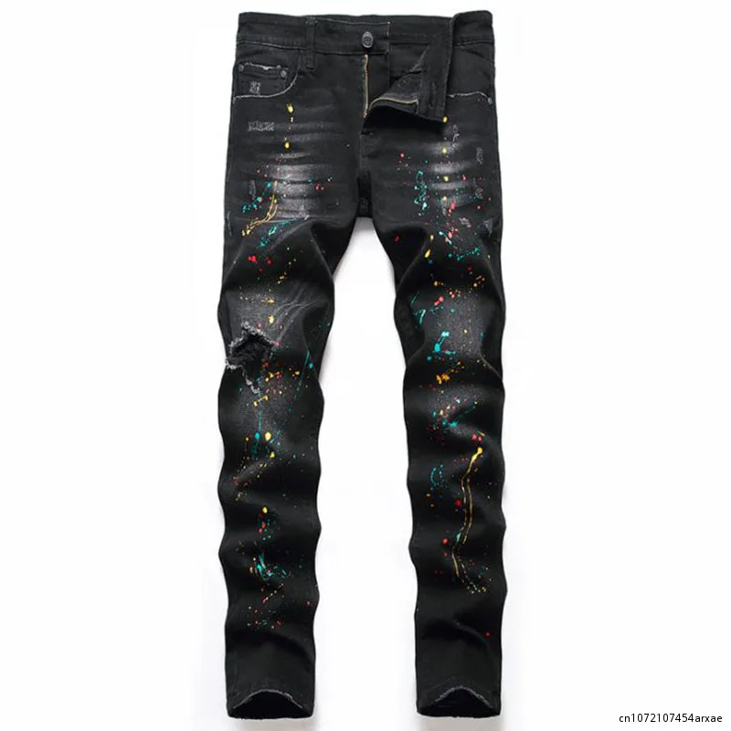 

High Quality Men Casual Black Jeans Pants Paint Slim Straight Hole Biker Jeans Autumn Jean Homme Male Denim Pants