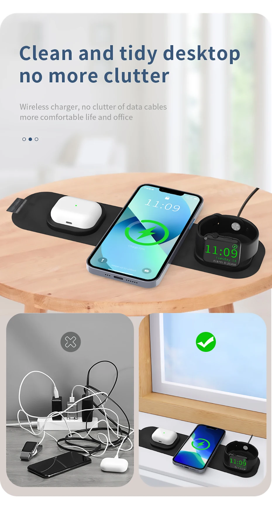 3 In 1 Fabric Travel Wireless Charger, portable multifunction travel wireless charger, Fast Wireless Charging Pad, Foldable Wireless Charging Station