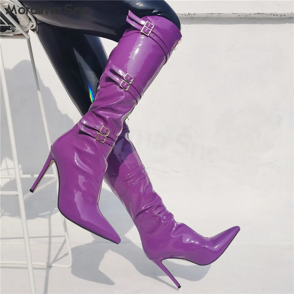 Purple Patent Leather Pointed-Toe Boots Stiletto High-Heeled Belt Buckle Middle Zipper Large Size Women's Knee-High Boots