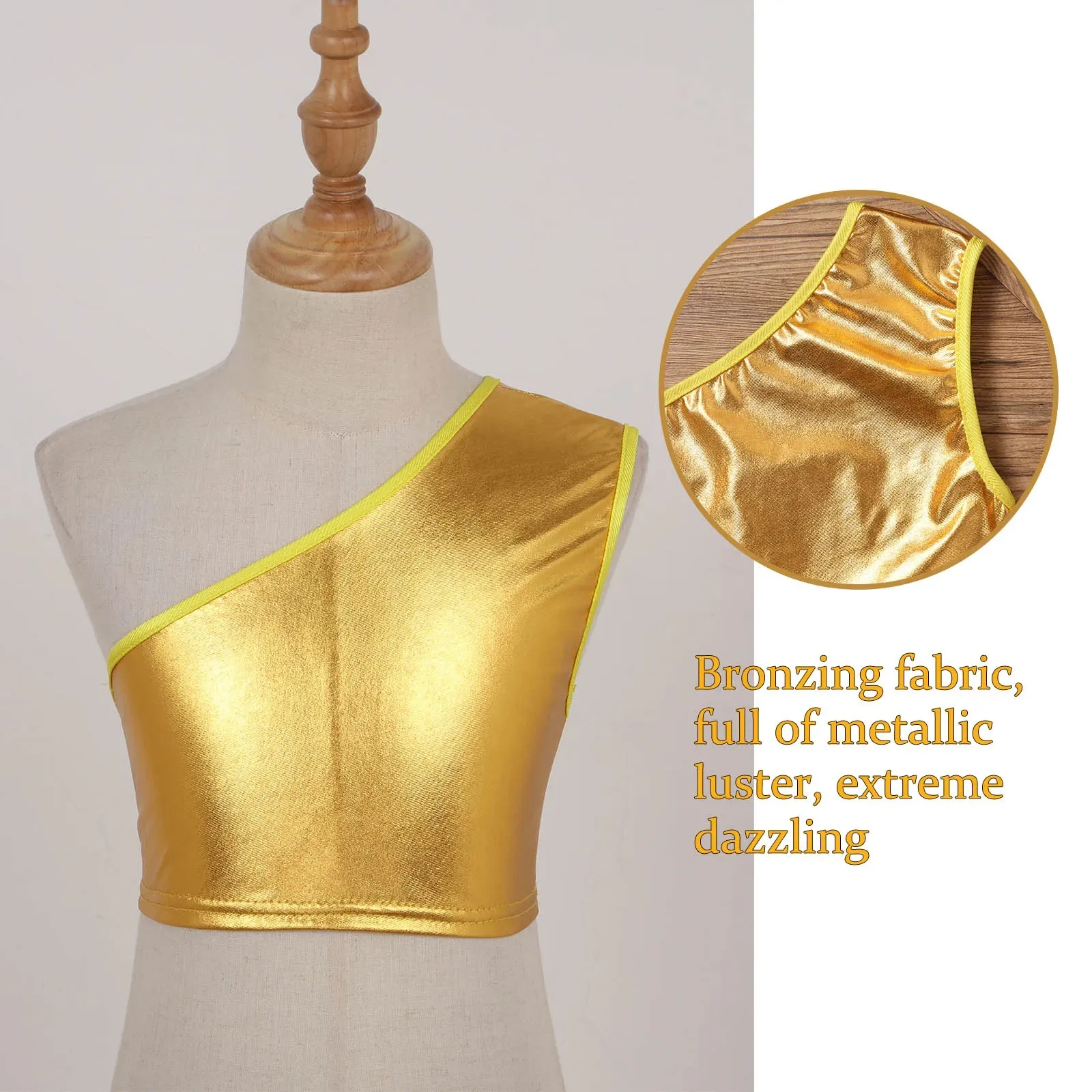 Kids Girls Boys Dance Performance Tops Single Shoulder Slant Shoulder Sleeveless Shiny Metallic Crop Vest Solid Color Costumes